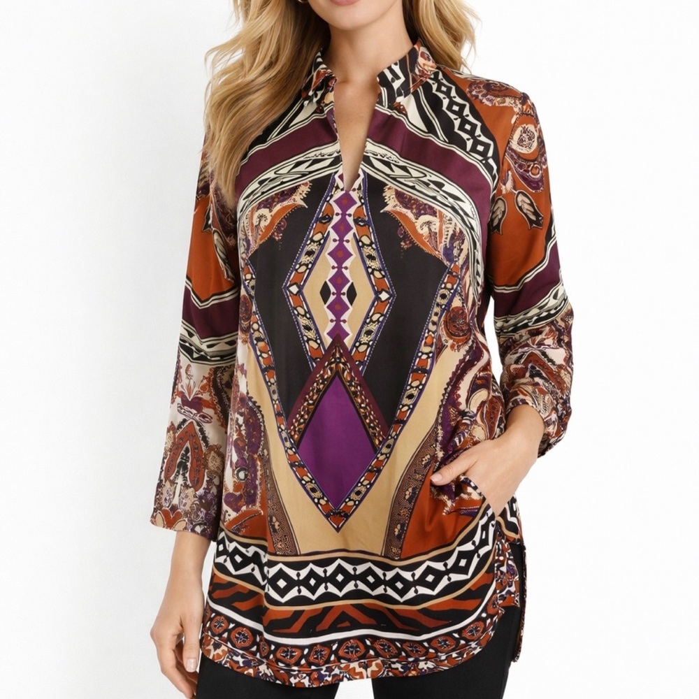 Chicos Tunic Top 1 Small Faux Silk Long Sleeve Paisley Brown Purple More NEW